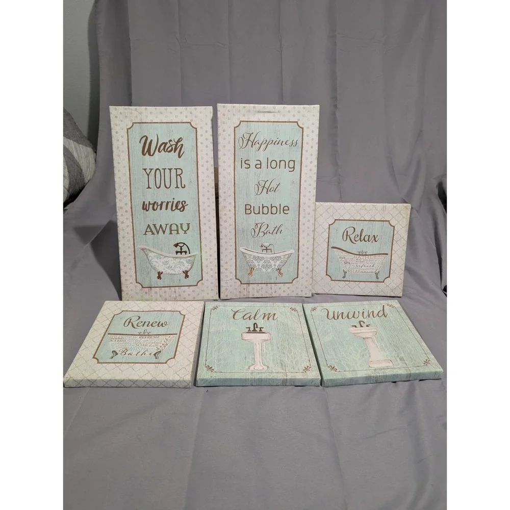 6-Piece‎ Bathroom Wall Art Set Spa Decor Aqua Cream Farmhouse Cottage